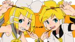  1boy 1girl aqua_eyes arm_warmers bangs bare_shoulders biting black_collar blonde_hair blurry_foreground bow collar commentary eating food grey_collar grey_sleeves hair_bow hair_ornament hairclip hands_up headphones headset holding_pocky iihoneikotu kagamine_len kagamine_rin leaning_forward looking_at_viewer mutual_feeding neckerchief necktie open_mouth pocky pocky_day sailor_collar school_uniform shirt short_hair short_ponytail short_sleeves smile spiked_hair swept_bangs upper_body vocaloid white_bow white_shirt yellow_neckwear 