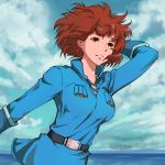  1girl breasts brown_eyes brown_hair closed_mouth cloud dress earrings gloves jewelry kaze_no_tani_no_nausicaa kemi_(kemi433) nausicaa short_hair solo 