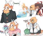  ^_^ alphys arctozolt brown_hair bulbasaur character_request charamells closed_eyes commentary crossover dark_skin english_commentary english_text facing_viewer fangs gen_1_pokemon gen_8_pokemon glasses green_eyes highres holding holding_poke_ball poke_ball poke_ball_(generic) pokemon polteageist simple_background sinistea undertale white_background 