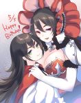  2girls bangs bare_shoulders black_hair bonnet breasts cape cleavage closed_mouth dated dress dual_persona elbow_gloves fang fur-trimmed_gloves fur_trim gloves green_eyes gucchiann hair_between_eyes happy_birthday highres ilya_ornstein large_breasts long_hair looking_at_viewer multiple_girls open_mouth princess_connect! princess_connect!_re:dive red_cape red_dress red_eyes shirt small_breasts smile white_gloves white_shirt 