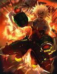  1boy bakugou_katsuki bare_shoulders black_footwear black_pants black_shirt blonde_hair boku_no_hero_academia boots commentary_request explosion full_body gloves green_gloves highres kosumi looking_at_viewer lower_teeth male_focus open_mouth pants red_eyes shaded_face shirt signature sleeveless sleeveless_shirt solo spiked_hair spread_legs upper_teeth v-shaped_eyebrows 