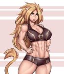  1girl abs absurdres animal_ears blonde_hair breasts brown_eyes cleavage collarbone hands_on_hips highres lion_ears lion_girl lion_tail long_hair looking_at_viewer messy_hair midriff muscle muscular_female navel open_mouth original rd_rn00 short_shorts shorts simple_background solo sports_bra tagme tail thick_thighs thighs 