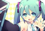  1girl aqua_eyes aqua_hair aqua_nails aqua_neckwear argyle argyle_background bare_shoulders black_sleeves blurry_foreground claw_pose commentary detached_sleeves foreshortening hair_ornament hands_up hatsune_miku holding holding_phone long_hair looking_at_viewer nail_polish necktie open_mouth outstretched_arm phone ryuuga_sazanami self_shot shirt sleeveless sleeveless_shirt smile solo twintails upper_body v-shaped_eyebrows vocaloid white_shirt 