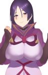  1girl bangs black_gloves blush bodysuit breasts elbow_gloves fate/grand_order fate_(series) fingerless_gloves gloves highres large_breasts long_hair looking_at_viewer minamoto_no_raikou_(fate/grand_order) nohohon_pictures parted_bangs parted_lips purple_bodysuit purple_eyes purple_hair ribbed_sleeves rope simple_background smile solo very_long_hair white_background 