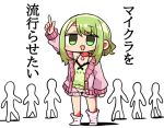  1girl :d arm_up bangs bare_shoulders blush camisole eyebrows_visible_through_hair green_camisole green_eyes green_hair hair_between_eyes jacket kanikama long_hair long_sleeves lowres morinaka_kazaki nijisanji no_shoes off_shoulder open_clothes open_jacket open_mouth pink_jacket pink_shorts pointing pointing_up polka_dot polka_dot_camisole short_shorts shorts sidelocks sleeves_past_wrists smile socks solo_focus standing striped striped_legwear translation_request virtual_youtuber white_background 