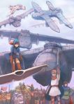  absurdres aircraft airship armor auzenismo blonde_hair breasts brown_hair cape crown dress gloves hat highres kaze_no_tani_no_nausicaa kurotowa kushana multiple_boys multiple_girls nausicaa open_mouth short_hair sword weapon 