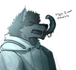  anthro blue_tongue canid canine canis clothing eyes_closed goon_(goonie_san) goonie-san jacket long_tongue male mammal open_mouth saliva_drip simple_background slur solo teeth text tongue topwear white_background wolf 
