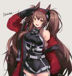  1girl angelina_(arknights) animal_ears arknights arm_up bare_shoulders black_gloves black_shirt black_shorts breasts brown_hair cowboy_shot fang gloves hairband jacket large_breasts long_hair long_sleeves looking_at_viewer multiple_straps nagu off_shoulder open_clothes open_jacket open_mouth orange_eyes red_jacket shirt short_shorts shorts simple_background sleeveless sleeveless_shirt smile solo strap twintails very_long_hair white_background 