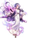  1girl aura bangs book breasts cape chachie circlet closed_mouth dark_aura dress fire_emblem fire_emblem:_genealogy_of_the_holy_war fire_emblem_heroes floating floating_object full_body hair_ornament highres holding holding_book jewelry julia_(fire_emblem) long_dress long_hair long_sleeves looking_away medium_breasts official_art open_book open_toe_shoes purple_cape purple_eyes purple_hair red_eyes sandals see-through shiny shiny_hair solo transparent_background wide_sleeves 