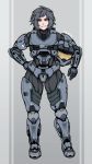  1girl absurdres armor brown_eyes commission full_armor full_body grey_hair halo_(game) headwear_removed helmet helmet_removed highres holding holding_helmet looking_at_viewer power_armor rd_rn00 science_fiction simple_background smile solo spartan_(halo) standing tagme 