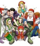  4boys 4girls :d apron arm_hug black_gloves black_hair blonde_hair blue_dress blue_eyes blue_hair blush boots brown_hair camus_(dq11) closed_eyes commentary_request dragon_quest dragon_quest_xi dress earrings emma_(dq11) fingerless_gloves gloves green_dress green_eyes green_footwear green_hairband green_shirt hair_ornament hair_scrunchie hairband hand_kiss hand_on_another&#039;s_head heart hero_(dq11) highres hug jewelry kiss long_hair looking_at_viewer martina_(dq11) midriff mixed_harem multiple_boys multiple_girls murasaki_(deceive138) open_mouth ponytail purple_eyes purple_hair red_bandana red_dress red_headwear red_scrunchie red_vest row_(dq11) scrunchie senya_(dq11) shirt simple_background sitting sleeping_bag sleeveless sleeveless_shirt smile spiked_hair striped striped_shirt sylvia_(dq11) veronica_(dq11) vertical-striped_shirt vertical_stripes vest waist_apron wavy_mouth white_background white_hair 