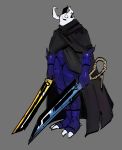  anthro armor arthropod blue_sword cloth dual_swords dual_wielding goonie-san hi_res holding_object holding_weapon hollow_knight horn insect male solo team_cherry video_games weapon yellow_sword 