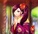  1girl 2018 alternate_costume alternate_hairstyle beifunan blurry blurry_background commentary_request dated dragon_quest dragon_quest_xi fur-trimmed_kimono fur_trim japanese_clothes kimono light_smile long_hair looking_at_viewer martina_(dq11) purple_eyes purple_hair purple_kimono side_ponytail solo very_long_hair wide_sleeves 