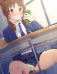  1girl arm_behind_back bag bangs blue_jacket blue_neckwear blue_skirt blush brown_eyes brown_hair cellphone chair classroom closed_mouth commentary_request day desk dutch_angle eyebrows_visible_through_hair fingering green_panties hair_bun hand_under_clothes hand_up highres holding idolmaster idolmaster_cinderella_girls indoors jacket long_sleeves masturbation miniskirt necktie nose_blush panties phone plaid plaid_skirt pleated_skirt pussy_juice school_desk seneto shiny shiny_hair shiny_skin shirt short_hair sidelocks sitting skirt solo spread_legs stealth_masturbation striped striped_neckwear takamori_aiko tied_hair underwear upskirt vaginal wavy_mouth wet wet_clothes wet_panties white_shirt window 