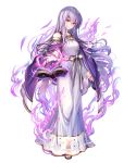  1girl aura bangs bare_shoulders book breasts cape chachie circlet dark_aura dress fire_emblem fire_emblem:_genealogy_of_the_holy_war fire_emblem_heroes floating floating_object full_body hair_ornament highres holding holding_book jewelry julia_(fire_emblem) long_dress long_hair long_sleeves looking_at_viewer medium_breasts official_art open_book open_toe_shoes parted_lips purple_cape purple_eyes purple_hair red_eyes sandals see-through shiny shiny_hair solo standing transparent_background wide_sleeves 