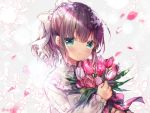  1girl bangs blush bouquet bow closed_mouth commentary_request eyebrows_visible_through_hair flower green_eyes grey_background hair_between_eyes hair_bow highres holding holding_bouquet kohaku_muro long_sleeves looking_at_viewer original petals ponytail purple_hair red_bow red_flower shirt sidelocks signature smile solo upper_body white_bow white_shirt 