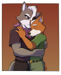  anthro canid canine canis cirruskitfox clothed clothing duo eyes_closed fox fox_mccloud fully_clothed fur grey_body grey_fur hi_res hug male male/male mammal nintendo orange_body orange_fur star_fox video_games wolf wolf_o&#039;donnell 
