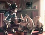  anthro arms_tied bound bovid bowl caprine clothing duo food_bowl goat hi_res kitchen legs_tied lewdango male mammal nintendo petplay pok&eacute;mon pok&eacute;mon_(species) roleplay rubber rubber_suit scyther sensory_deprivation video_games 