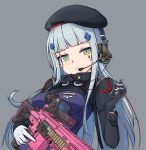  1girl absurdres assault_rifle bangs beret blue_jacket blunt_bangs commentary cross cross_hair_ornament eotech eyebrows_visible_through_hair facial_mark facial_tattoo girls_frontline gloves green_eyes grey_background grey_gloves gun h&amp;k_hk416 hair_ornament hairclip hat headset heckler_&amp;_koch highres hime_cut hk416_(girls_frontline) holding holding_weapon jacket long_hair military_jacket parted_lips rifle silver_hair simple_background solo tattoo teardrop trigger_discipline very_long_hair weapon xandier59 