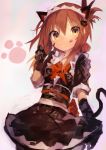  1girl absurdres animal_ears bangs brown_hair cat_ears cat_tail commentary gloves hair_between_eyes hair_ornament highres inazuma_(kantai_collection) kaamin_(mariarose753) kantai_collection looking_at_viewer maid_dress maid_headdress paw_pose smile tail tongue tongue_out yellow_eyes 
