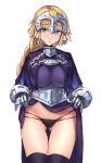  1girl armor armored_dress ass_visible_through_thighs bangs black_panties blonde_hair blue_eyes blush braid breasts chain collar dress dress_lift fate/apocrypha fate_(series) gauntlets gyukaku400 headpiece highres jeanne_d&#039;arc_(fate) jeanne_d&#039;arc_(fate)_(all) large_breasts long_braid long_hair looking_at_viewer metal_collar panties plackart simple_background single_braid solo thighhighs thighs underwear very_long_hair white_background 