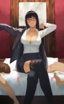  1girl 2boys amino_(tn7135) bed black_hair boots breasts brown_hair condom crossed_legs dressingsmile exhausted glasses highres large_breasts long_haur multiple_boys no_bra nude office_lady pencil_skirt shirt skirt smirk thigh_boots thighhighs used_condom 
