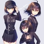  1girl :o ahoge artist_name black_hair black_headwear black_jacket black_skirt commentary_request danganronpa genderswap genderswap_(mtf) grey_background hair_between_eyes hat highres jacket long_sleeves looking_at_viewer medium_hair multiple_views nabekokoa new_danganronpa_v3 open_mouth pleated_skirt red_eyes saihara_shuuichi simple_background skirt striped striped_jacket striped_skirt 