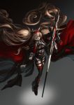  1girl angelina_(arknights) animal_ears arknights black_gloves black_legwear blurry bodysuit breasts brown_hair cape floating_hair full_body gloves hairband highres holding long_hair medium_breasts narue red_eyes shoes solo staff thigh_strap thighhighs twintails very_long_hair 