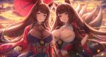  2girls absurdres akagi_(azur_lane) amagi_(azur_lane) animal_ear_fluff animal_ears azur_lane bangs black_gloves black_kimono blunt_bangs bodysuit_under_clothes breasts brown_hair cleavage cloud cloudy_sky coat commentary_request covered_collarbone eyebrows_behind_hair eyebrows_visible_through_hair eyeliner fox_ears fox_girl fox_tail gloves hair_ornament hair_ribbon hakama_skirt hand_up head_tilt highres holding holding_umbrella japanese_clothes kimono large_breasts long_hair looking_at_viewer makeup multiple_girls multiple_tails orange_sky oriental_umbrella pafekui parted_lips pointing purple_eyes purple_kimono red_coat red_skirt ribbon sakuramon shirt signature skirt sky smile standing sunlight tail thick_eyebrows tress_ribbon twilight umbrella upper_body white_shirt wide_sleeves 