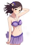  1girl arm_at_side arm_up ayase_honoka bangs bare_arms bare_shoulders bikini_skirt black_hair blush breasts brown_eyes closed_mouth collarbone cowboy_shot flower front-tie_bikini front-tie_top hair_flower hair_ornament highres idolmaster idolmaster_cinderella_girls long_hair looking_at_viewer medium_breasts navel parted_bangs ribbon simple_background smile solo stomach white_background white_flower white_ribbon yahiro_(epicopeiidae) 