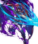  1boy alternate_costume armor armored_boots aura belt blue_hair boots cape fingerless_gloves fire_emblem fire_emblem:_radiant_dawn fire_emblem_heroes fujisaka_kimihiko full_body gloves glowing glowing_eyes headband highres ike_(fire_emblem) official_art open_mouth ragnell red_eyes solo sword teeth transparent_background weapon 