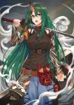  1girl absurdres arknights bangs bare_shoulders belt breasts brown_belt collarbone commentary_request eyebrows_visible_through_hair green_hair gu_li hair_between_eyes highres holding holding_sword holding_weapon horn horned_mask horns hoshiguma_(arknights) katana large_breasts long_hair looking_at_viewer mask mask_removed oni_horn open_mouth shirt solo steam sword upper_teeth weapon 