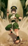  1girl avatar:_the_last_airbender avatar_(series) belt black_hair blind breasts clenched_hands culottes dirty_feet dust_cloud element_bending facing_viewer fighting_stance full_body geokinesis ground_shatter hairband highres jmg medium_breasts motion_blur pelvic_curtain serious short_hair silver_eyes solo studded_belt toph_bei_fong wristband 