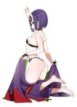  1girl absurdres ass back bangs bare_shoulders barefoot_sandals blush bob_cut breasts bridal_gauntlets eyeliner fate/grand_order fate_(series) feet headpiece highres horns japanese_clothes kimono kimono_removed leewh1515 legs looking_at_viewer looking_back makeup oni oni_horns open_mouth pointy_ears purple_eyes purple_hair purple_kimono revealing_clothes short_hair shuten_douji_(fate/grand_order) simple_background skin-covered_horns small_breasts smile solo white_background 