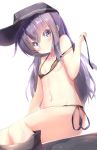  1girl akatsuki_(kantai_collection) alternate_costume anchor_symbol bikini black_bikini blush breasts flat_cap hair_between_eyes hair_ornament hat highres kantai_collection long_hair looking_at_viewer messy_hair micro_bikini na!?_(naxtuyasai) navel purple_eyes purple_hair simple_background sitting solo swimsuit white_background 