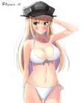  1girl bikini bismarck_(kantai_collection) blonde_hair blue_eyes breasts cleavage collarbone cowboy_shot front-tie_top hat kantai_collection large_breasts long_hair peaked_cap side-tie_bikini simple_background solo swimsuit toyomi_13 twitter_username white_background white_bikini 