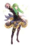  1girl blue_legwear boots fire_emblem fire_emblem:_three_houses flayn_(fire_emblem) full_body garreg_mach_monastery_uniform green_eyes green_hair hair_ornament hakou_(barasensou) highres long_hair long_sleeves open_mouth outstretched_arm simple_background solo uniform white_background 