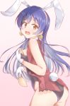  1girl animal_ears ass bangs blue_hair blush breast_padding bunny_ears bunny_tail bunnysuit commentary_request earrings embarrassed from_behind gloves hair_between_eyes heart heart_earrings highres jewelry korekara_no_someday long_hair looking_at_viewer looking_back love_live! love_live!_school_idol_project omoi_seiji pads raised_eyebrows simple_background solo sonoda_umi tail wavy_mouth white_gloves yellow_eyes 