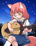  &lt;3 2019 4_fingers absurd_res anthro bodily_fluids bottomwear bow_tie canid canine clothed clothing crossed_legs crying female fingers fluffy fluffy_tail footwear fur fur_(theterm) guitar hair hi_res long_hair mammal musical_instrument one_eye_closed only_izu pink_body pink_fur pink_hair plucked_string_instrument sad shoes sitting skirt solo sparkles string_instrument tears 