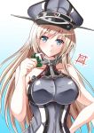  1girl :t anchor artist_logo bismarck_(kantai_collection) blonde_hair blue_background blue_eyes breasts commentary_request eating food gradient gradient_background hand_on_hip hat highres kantai_collection kashiwa_mochi_(food) kentan_(kingtaiki) large_breasts long_hair looking_at_viewer military_hat peaked_cap shirt sleeveless sleeveless_shirt solo upper_body wagashi 