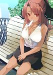  1girl bare_shoulders bench breasts cleavage dark_skin food futatsuki_eru long_hair looking_at_viewer original popsicle purple_hair red_eyes sitting skirt sleeveless solo sweat 