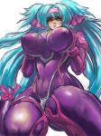  1girl blue_hair bodysuit breast_hold breasts covered_navel covered_nipples green_eyes headband impossible_bodysuit impossible_clothes klan_klein large_breasts looking_down macross macross_frontier pipipi pout skin_tight solo 