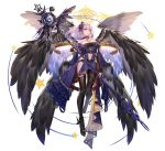  1girl 5555_96 ark_order black_legwear black_wings breasts cleavage flying highres holding holding_staff large_breasts looking_at_viewer navel single_thighhigh staff thighhighs wings 