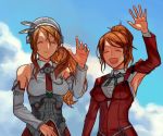  2girls aquila_(kantai_collection) armpit_cutout bangs birdry breasts brown_hair closed_eyes cloud day detached_sleeves green_neckwear hair_between_eyes headdress high_ponytail jacket kantai_collection littorio_(kantai_collection) long_hair long_sleeves multiple_girls necktie open_mouth orange_hair outdoors ponytail red_jacket red_neckwear sky smile upper_body waving 