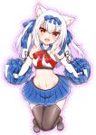  1girl :d animal_ear_fluff animal_ears arm_ribbon azur_lane bangs bare_shoulders black_legwear black_ribbon blue_ribbon blue_sailor_collar blue_skirt blush breasts cat_ears cheerleader commentary_request crop_top elbow_gloves eyebrows_visible_through_hair fang full_body gloves groin hair_between_eyes hair_ribbon head_tilt hestia_(neko_itachi) holding_pom_poms loafers long_hair looking_at_viewer midriff navel neck_ribbon open_mouth outline pleated_skirt pom_poms red_eyes red_ribbon ribbon sailor_collar shirt shoes sidelocks silver_hair simple_background skirt sleeveless sleeveless_shirt small_breasts smile solo standing taut_clothes taut_shirt thighhighs two_side_up white_background white_gloves white_shirt yukikaze_(azur_lane) zettai_ryouiki 
