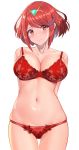  1girl absurdres arms_behind_back bangs bare_shoulders blush bra breasts cleavage closed_mouth collarbone highres homura_(xenoblade_2) large_breasts looking_at_viewer mukatsukulsp navel panties red_bra red_eyes red_hair red_panties short_hair sidelocks simple_background smile solo swept_bangs thighs tiara underwear white_background xenoblade_(series) xenoblade_2 
