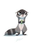  2020 absurd_res anthro black_body black_fur blue_eyes featureless_crotch food froot_loops fur grey_body grey_fur hi_res holding_food holding_object kellogg&#039;s mammal open_mouth open_smile pointedfox procyonid raccoon signature simple_background smile solo standing white_background 