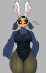  anthro arthropod bee black_sclera bunny_costume bunny_ears_(cosmetic) clothing costume female gesture goonie-san hand_on_hip hi_res hymenopteran insect looking_at_viewer mercy_(goonie-san) pointing pointing_down smile smiling_at_viewer solo text 