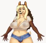  anthro big_breasts bottomwear breasts canid canine canis cleavage clothed clothing cutoffs denim denim_clothing dripdry ear_piercing ear_ring female genitals huge_breasts jackal mammal mature_female piercing plump_labia pussy shorts solo translucent translucent_clothing translucent_topwear unknown_artist 