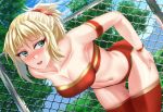  1girl armband bandeau bangs bare_shoulders blue_sky blush braid breasts chain-link_fence cleavage collarbone fate/apocrypha fate_(series) fence french_braid fuzzlogik green_eyes hair_ornament hair_scrunchie leaning_forward long_hair medium_breasts mordred_(fate) mordred_(fate)_(all) navel open_mouth outdoors panties ponytail red_legwear red_panties red_scrunchie scrunchie sky solo thighhighs thighs tree underwear wristband 